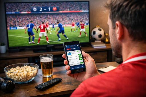 man-looking-at-sports-page-while-watching-game