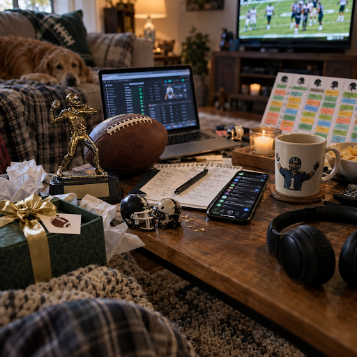 football-game-on-tv-with-mug-and-notes-and-miscellaneous-things-on-coffee-table-with-dog-on-couch