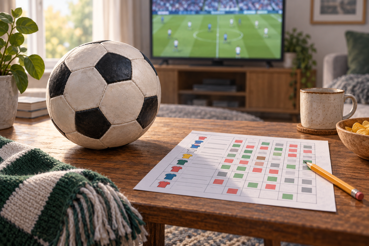 soccer-ball-on-table-with-prediction-sheet-and-soccer-game-on-television- A fixture sheet prepared before the opening match.